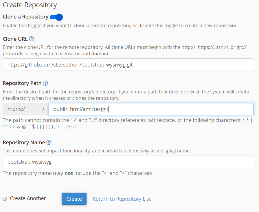 create repo git cpanel