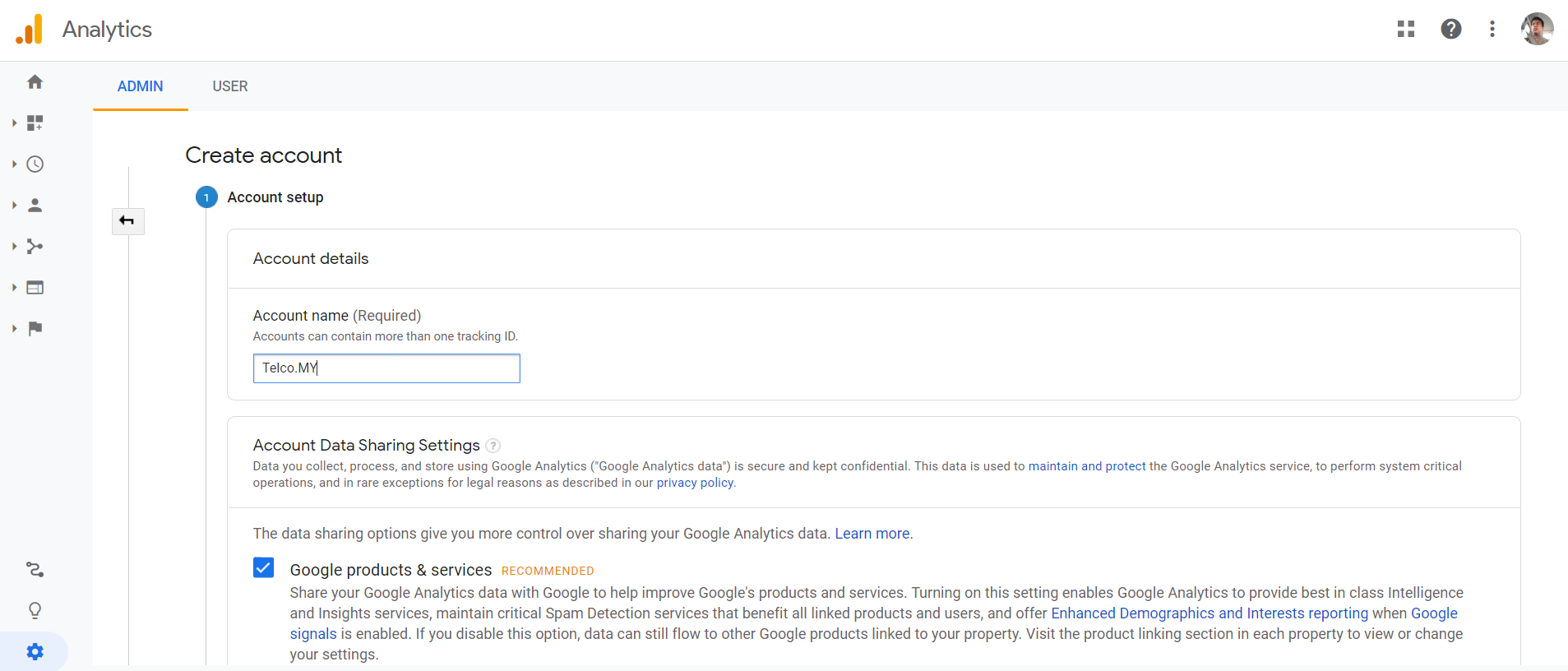 create account google analytics