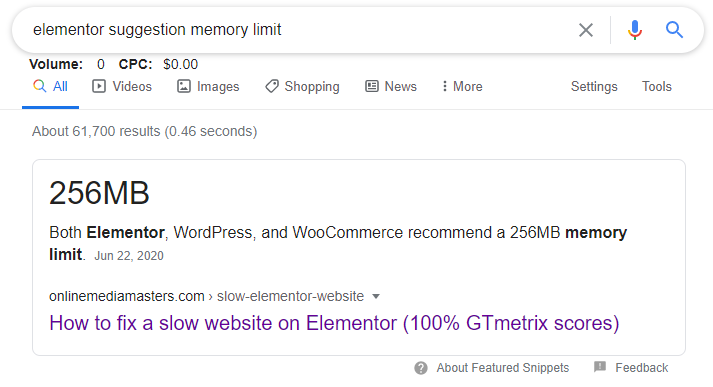 elementor suggestion memory limit