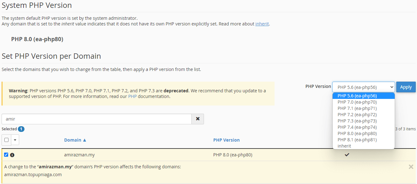 cpanel set php version